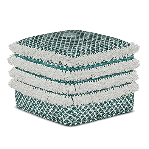 SIMPLIHOME Margo 20" Wide Round Pouf in Multi-Green Jute and Cotton | Boho footstool, extra seating for home living room or bedroom or kids room with assembled design, assembled; pouf ottoman. - color: Turquoise/White, style: Pouf