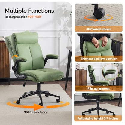 VINGLI Rolling Ergonomic Office Desk Chair with Padded Flip-up Arms, 360° Swivel High Back Executive Computer Task Chair with Wheels for Game,Home Small Space, Study Room, Reading Room,Pu Green - color: Leather-green