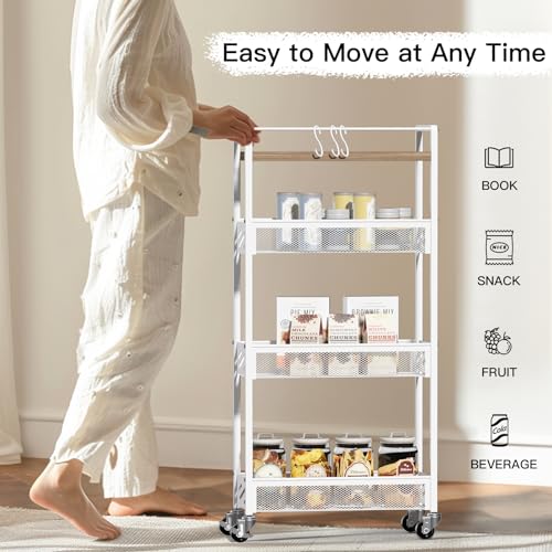 DGSNADGO Slim Rolling Storage Cart, 4-Tier Narrow Kitchen Cart with Wheels | Metal Mobile Snack Shelving, Skinny Rolling Spice Rack for Small Space in Kitchen, Living Room, Bathroom, Beige and White - color: Beige+white