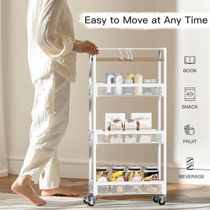 DGSNADGO Slim Rolling Storage Cart, 4-Tier Narrow Kitchen Cart with Wheels | Metal Mobile Snack Shelving, Skinny Rolling Spice Rack for Small Space in Kitchen, Living Room, Bathroom, Beige and White - color: Beige+white