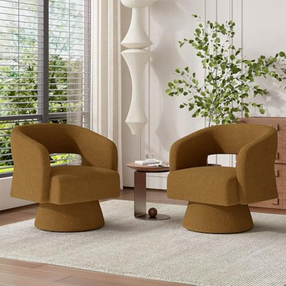 Luxanimarion Swivel Barrel Accent Chair,Oversized Teddy Upholstered Round Swivel Chair,Modern Luxury 360 Degree Living Room Vanity Chair for Bedroom Office,Browm,2PCS - color: Brown-teddy Fabric, size: Set of 2
