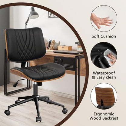 CLATINA Armless Home Office Chair, Desk Chair with Wheels, Adjustable Height Reading Chair, Leather Mid Back & Swivel Computer Chair, Modern Walnut Chairs with Back for Study Meeting Room(Black) 2Pack - color: Black Diamond-a, size: 2 Pack