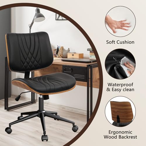 CLATINA Armless Home Office Chair, Desk Chair with Wheels, Adjustable Height Reading Chair, Leather Mid Back & Swivel Computer Chair, Modern Walnut Chairs with Back for Studio Meeting Room(Black) - color: Black Diamond-a, size: 1 Pack