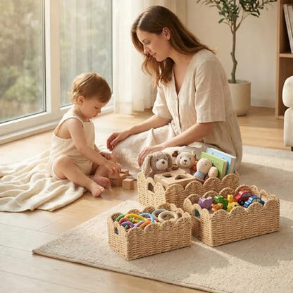 Scalloped Wicker Baskets Set of 3, Hand-Woven Storage with Handles | set of 3 beige scalloped baskets with handles. Hand-woven paper rope for shelves, bathroom or closet. Stackable, sturdy. - color: Beige