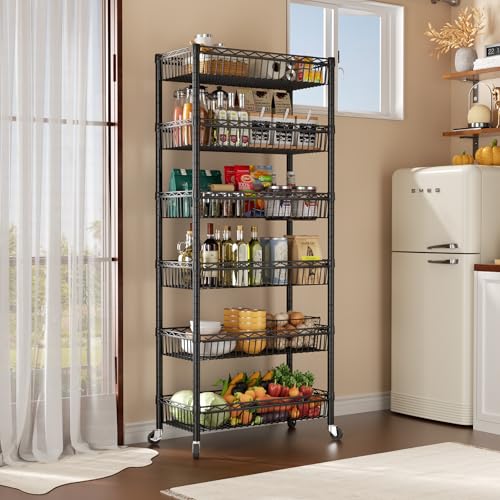SINGAYE 6 Tier Shelf Wire Shelving Adjustable Storage Shelves Basket Rack | Adjustable Shelves with Wheels Metal Storage Unit Closet Bathroom Organizers Pantry Kitchen Garage Laundry Room Black - color: Black, size: 6-Tier[30"Dx13.5"Wx65"H]