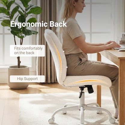 Vanity Chair with Wheels, Armless Office Chair Height Adjustable, Cute Desk Chair with Soft Lumbar Support for Small Space, Bedroom, Make-up Room, White - color: White