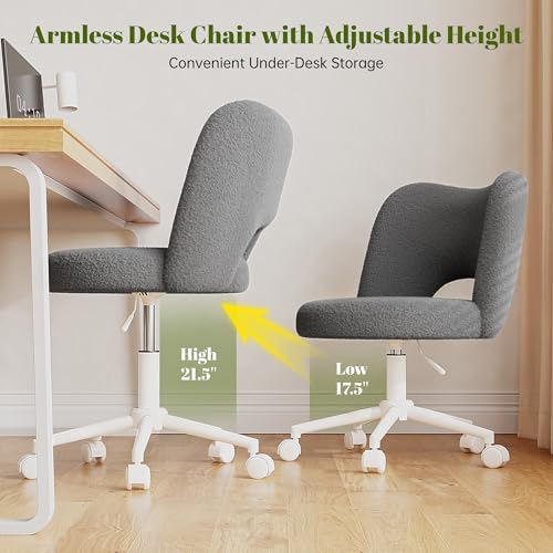 DurayLoly Vanity Chair with Open-Back & Wheels,Armless,Grey | 360° Silent Wheels,Comfy Teddy Fleece,Height Adjustable for Make-up Room,Bedroom,Dorm,Grey - color: Grey
