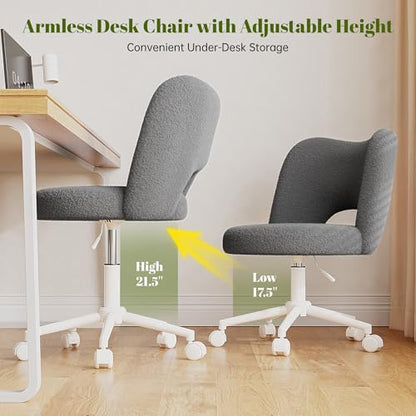 DurayLoly Vanity Chair with Open-Back & Wheels,Armless,Grey | 360° Silent Wheels,Comfy Teddy Fleece,Height Adjustable for Make-up Room,Bedroom,Dorm,Grey - color: Grey