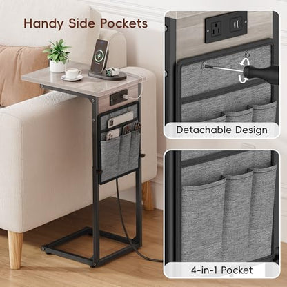 C Shaped End Table with Charging Station, Adjustable Height Side Table for Couch Recliner, Small Sofa Table with Storage Bag, Slide Under Sofa TV Tray Arm Table for Living Room, Bedroom, Gray - color: Greige, style: With Plug