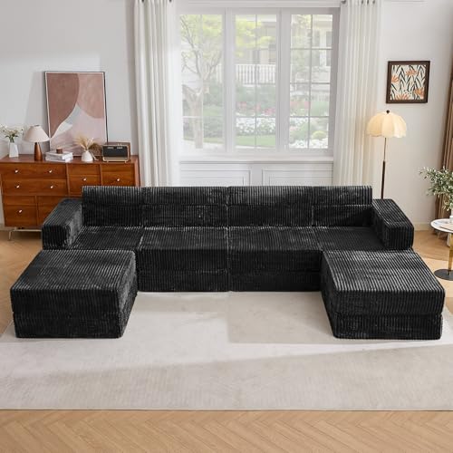 Tbfit 142” Modular L Shaped Sectional Boneless Couch, Convertible Futon Sofa Bed, Corduroy Cloud Mattress Sleeper Sofa, Comfy Folding Upholstered Floor Couches for Living Room, Bedroom, Black - color: Black, size: U Shaped Sofa