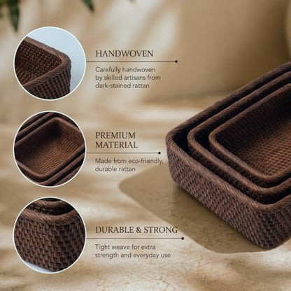 Yangqihome Natural Rattan Storage Baskets, Rectangular Woven Fruit Baskets, Decorative Wicker Basket and Small Baskets for Organizing,Set of 3, (Brown) - size: Brown S / M / L