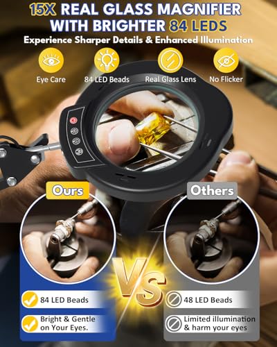 15X LED Magnifying Glass with Light, Base and Clamp Desk Lamp | 84 LEDs with adjustable stand for hands-free reading, crafts, hobbies and close work, black