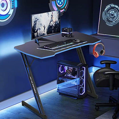 Dkelincs Gaming Desk 39.4 inch Z-Shaped Computer Desk PC Computer Table Home Office Desk Ergonomic Gamer Workstation with Headphone Hook, Blue - color: Blue, size: 39 Inch