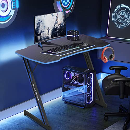 Dkelincs 35 inch Gaming Desk Z-Shaped Computer Desk PC Computer Table Home Office Desk Ergonomic Gamer Workstation with Headphone Hook, Blue - color: Blue, size: 35 Inch