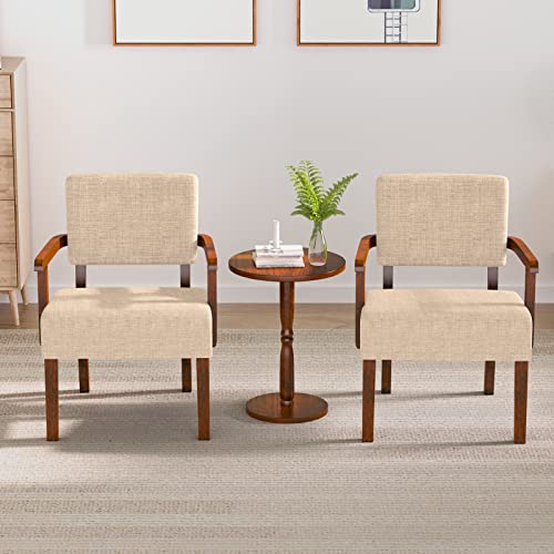 Accent Chairs Set of 2, 2 Solid Wood Armchairs with Side Table | Living Room Chairs with Soft Thicken Cushion, Comfy Reading Chair for Bedroom, Waiting Room, Home Office, Easy Assembly - color: Linen Beige, size: Set of 2 with table