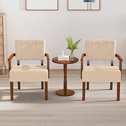 Accent Chairs Set of 2, 2 Solid Wood Armchairs with Side Table | Living Room Chairs with Soft Thicken Cushion, Comfy Reading Chair for Bedroom, Waiting Room, Home Office, Easy Assembly - color: Linen Beige, size: Set of 2 with table