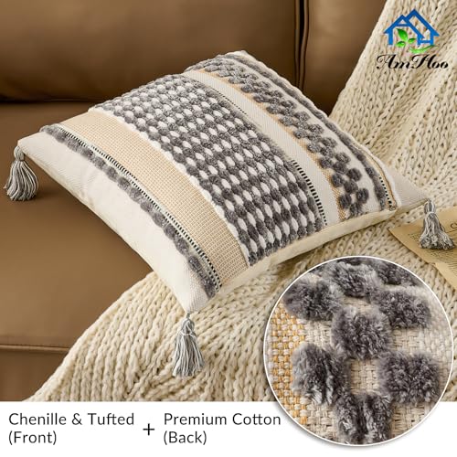 Set of 2 Chenille Striped Textured Boho Throw Pillow Covers Aesthetic with Tassels Woven Decorative Pillow Case for Couch Bed Sofa Bedroom Modern Funky 18 x 18-Inch Grey White - color: Grey White, size: 18" x 18" (Pack of 2)