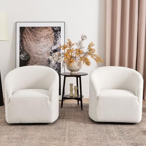 KINWELL 32" Wide Modern Boucle Swivel Barrel Chairs Set of 2, No Assembly Round Upholstered Swivel Accent Armchairs for Living Room, Bedroom (White) - color: White, style: Set of 2