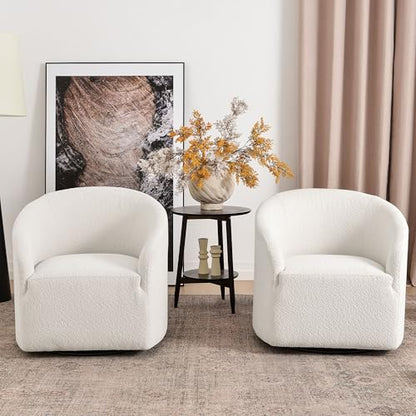 KINWELL 32" Wide Modern Boucle Swivel Barrel Chairs Set of 2, No Assembly Round Upholstered Swivel Accent Armchairs for Living Room, Bedroom (White) - color: White, style: Set of 2