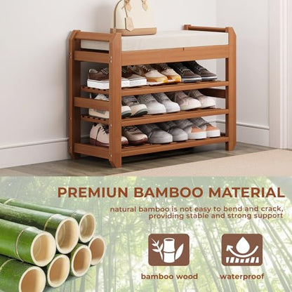 27.6" Bamboo Shoe Bench with Cushion, 5 Hooks Coat Rack, 3-Tier Adjustable Storage Bench for Entryway, Heavy Duty Shoe Rack Organizer with Removable Soft Cushion for Living Room Bedroom Hallway - size: 27.6" 3-Tier