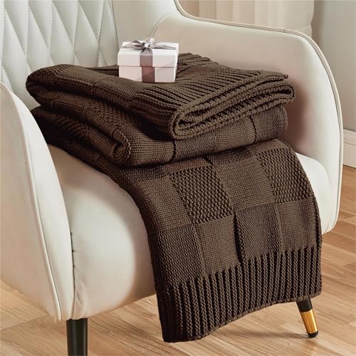 CozeCube Dark Brown Knitted Checkered Throw Blanket 50"X60" | Check Knit Throw for Couch, Decorative Christmas Soft Cozy Warm Blanket for Bed Sofa Living Room - color: Dark Brown, size: 50"X60"
