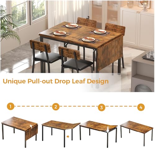 IRONCK 5-Piece Extendable Dining Table Set, 63" Kitchen Table with 4 Chairs | Space-saving Dining Table Set with Extendable Drop Leaf Design, MDF Top and 4 Upholstered Chairs for Kitchen or Dining Room