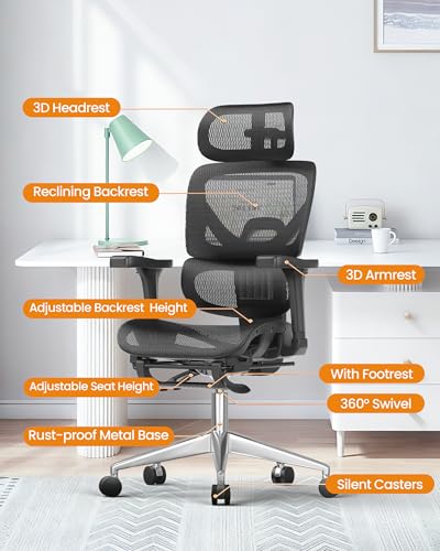 naspaluro Ergonomic Office Chair Lumbar Support High Back 350lbs Capacity | Adjustable Height Breathable Mesh Swivel Desk Chair with 3D Armrest Headrest, Footrest, PU Wheels, Comfy Computer Chair Black - color: Black