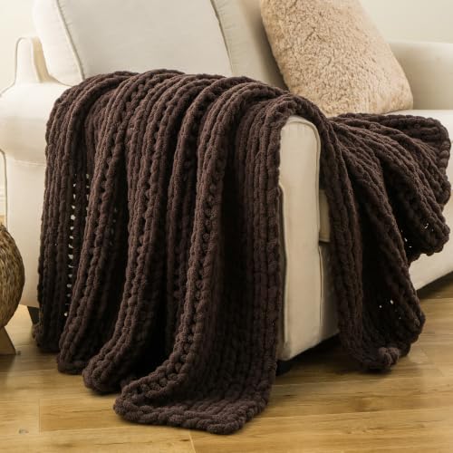 Battilo Chunky Knit Throw Blanket for Couch, 50"x60", Chocolate Brown | Hand Knit, Gift Blanket, Cozy Warm Thick Soft Chenille Throw Blanket for Bed, Sofa, Chair, Living Room - color: Brown