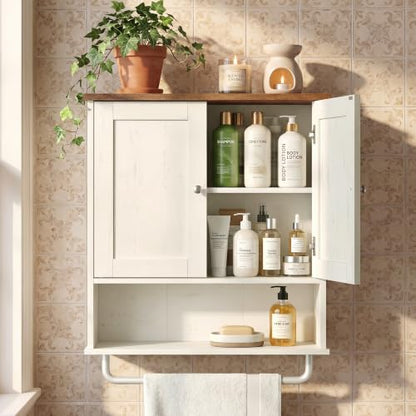 VASAGLE SIREN Collection Bathroom Wall Cabinet, Hanging Storage | Bathroom storage cabinet, with towel rod, farmhouse, adjustable shelf, and doors, 7.9 x 20 x 23.6 Inches UBBK149WJ01S