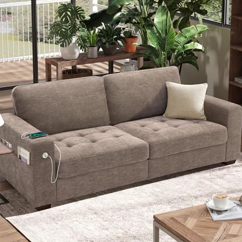 Hanherry Sofa for Living Room, Modern Comfy Sofa with Medium Firm Seat Cushion, Removable Cover,Wide Armrest,USB/Type-C Port,Chenille Fabric Couches for Small Space,Apartment (Brown, 89 inch) - color: Brown, size: 89 Inch