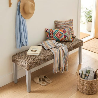 Solid Acacia Wood Bench with Natural Woven Water Hyacinth Seat, Grey Leg | Plait Style, Farmhouse, Rustic, Boho, Coastal for Living Room or Entryway - color: Plait - Grey Leg & Water Hyacinth