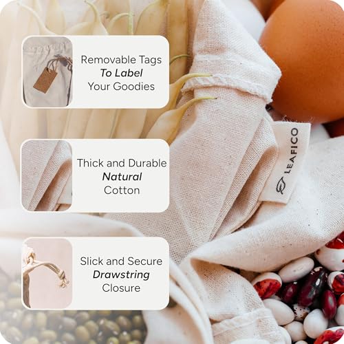 Organic Cotton Produce Bags - Medium 8x10 Inch (12 Bags) - Reusable Muslin Storage Bags with Drawstrings - Biodegradable Canvas Fabric - Perfect for Snacks, Clothes - size: Medium 8x10"