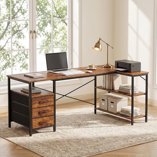 Alpen L Shaped Computer Desk, 55 Inch Corner Desk with Drawers and Power Outlets, Home Office Desk for Gaming, Study Writing PC Table with Storage and Reversible Shelf, Brown - color: Brown, size: 55 Inches Without Led Lights