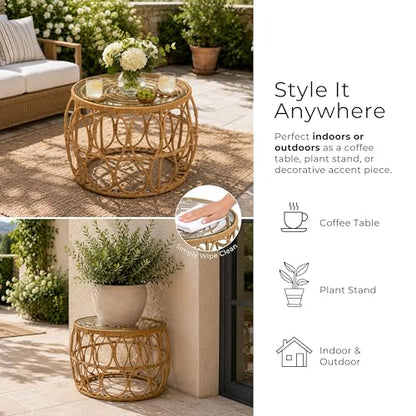Furniture of America Ysar Boho Rattan Round Coffee Table Outdoor with 5mm Tempered Glass Top, All-Weather and Rust Resistant Patio Furniture - color: Natural/18.9 In.