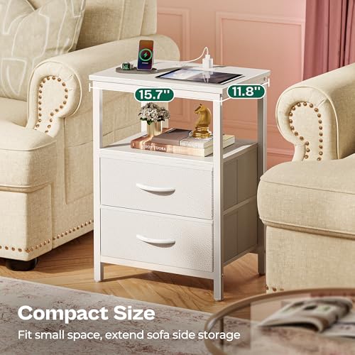Huuger Night Stand with Charger Station and LED Lights, 2 Drawer Nightstand | Bed Side Table with Open ShelfEnd TableFabric Dresser for Bedroom, PU Leather, White - color: White, size: 11.8"D x 15.7"W x 23.6"H（2 Drawers）