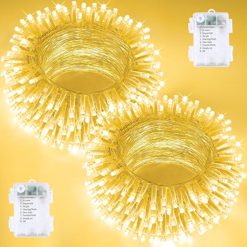 2 Pack 200 LED Battery Operated String Lights, 8 Modes Twinkle Fairy Lights | 66FT Warm White Christmas Lights Indoor Outdoor, Waterproof Battery Lights for Bedroom Party Porch Tree Holiday Decorations - color: Warm White, size: 2PK(100LED)