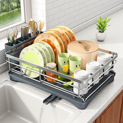 SAYZH Dish Drying Rack for Kitchen Counter with Utensil Holder, Silver | Stainless Steel, Large Capacity, Angled Drainboard, Rotating Spout, Removable to Clean - color: Silver