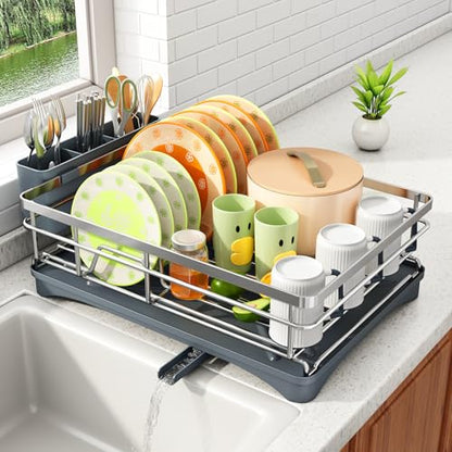 SAYZH Dish Drying Rack for Kitchen Counter with Utensil Holder, Silver | Stainless Steel, Large Capacity, Angled Drainboard, Rotating Spout, Removable to Clean - color: Silver
