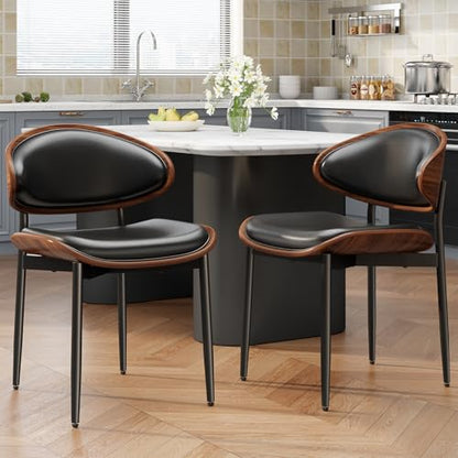 Dining Chairs Set of 2, Mid-Century Modern Upholstered PU Leather Chairs | with Walnut Bentwood Back and Metal Legs Adjustable Feet for Kitchen Dining Room, Black PU - color: Black Pu