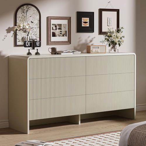 MAISONARIA Beige Curved 6 Drawer Dresser, Modern Long Dresser for Bedroom, Living Room, or Entryway, Push to Open Storage Chest, Minimalist Scandinavian Style, 55" Wide - color: Beige, size: 15.7"D x 55.1"W x 29.7"H (6 Drawers)