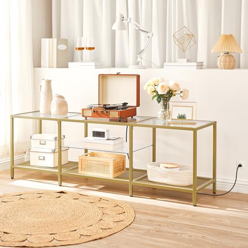 HOOBRO TV Stand with LED Lights and Power Outlets for TVs up to 75", Modern 63 Inch Tempered Glass TV Console Table with Open Shelves, Media Entertainment Center for Living Room, Gold GD165UDS01 - size: 63 Inch