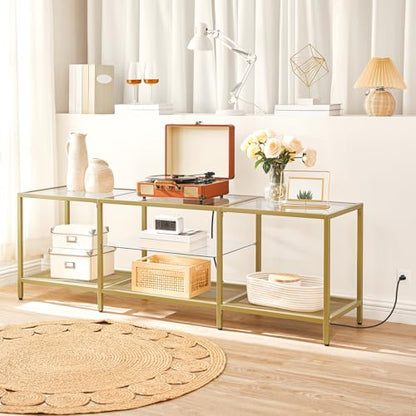HOOBRO TV Stand with LED Lights and Power Outlets for TVs up to 75", Modern 63 Inch Tempered Glass TV Console Table with Open Shelves, Media Entertainment Center for Living Room, Gold GD165UDS01 - size: 63 Inch