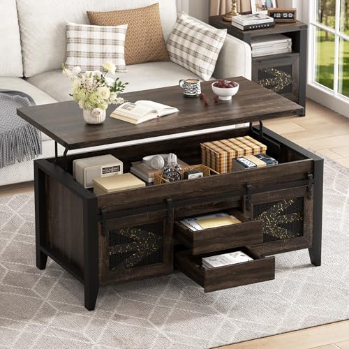 VFK 47.2" Lift Top Coffee Table with Hidden Compartment, Storage Drawers & Sliding Barn Doors, Farmhouse Rectangle Coffee Table for Living Room, Dark Brown - color: Dark Black