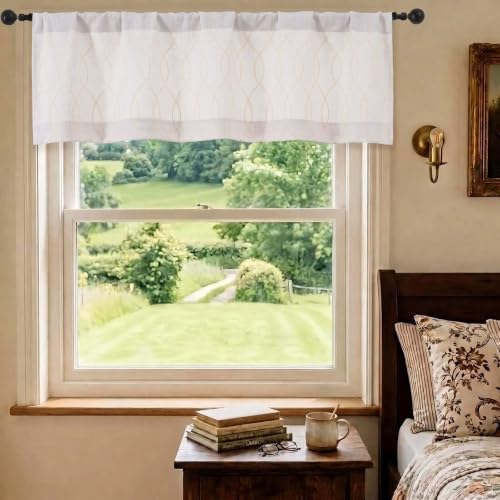 Chyhomenyc Small Valance Curtains for Windows 52Wx14L, 1 Pack | Light Filtering Rod Pocket Faux Linen Textured Valance for Living Room Bedroom Kitchen, Natural with Beige 3D Wave Line - color: Natural With Beige, size: 52"W x 14"L (Pack of 1)