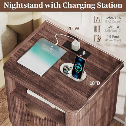 Baoz Walnut Fluted Nightstand with Charging Station & 2 Wooden Drawers | 20" Wide Mid Century Modern Bedside Table Wood Curved Profile Design 27in Tall LED Night Stand - color: Walnut, size: 2 Drawers