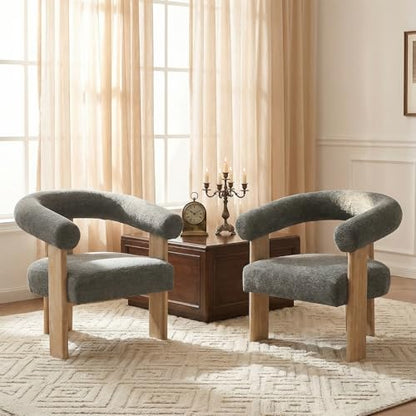 VKNOW Barrel Accent Chairs Set of 2 with Armrests and Rubberwood Legs | Mid Century Modern Upholstered Living Room Chairs with Open Back, Chenille Fabric, for Living Room, Bedroom, Dark Gray - color: Dark Gray, size: Set of 2