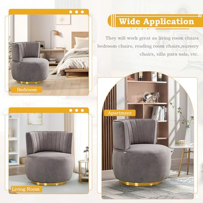 SLEERWAY 360° Swivel Barrel Chair Set of 2, Modern Velvet Round Accent Chair, Comfy Upholstered Small Armchair with Gold Metal Base for Living Room Bedroom Nursery Office Sillas para Sala, Gray - color: Grey, size: 25.2" W