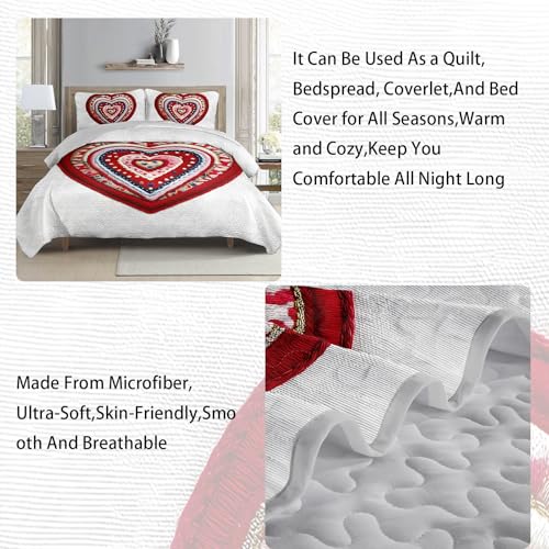 AILONEN Red Knitted Heart Quilt Set King Size,Heart Reversible Bedding Sets,Romantic Moment Bedspread Coverlet with 2 Pillowcases,3-Piece,Soft Lightweight Microfiber - color: Love53, size: King