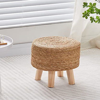 Cpintltr Foot Stool Natural Seagrass Hand Weave Poufs Round Ottoman for Couch Desk Soft Step Stool Padded Foot Rest with Non-Skid Pine Legs for Hallway Office Lounge Natural - color: Natural