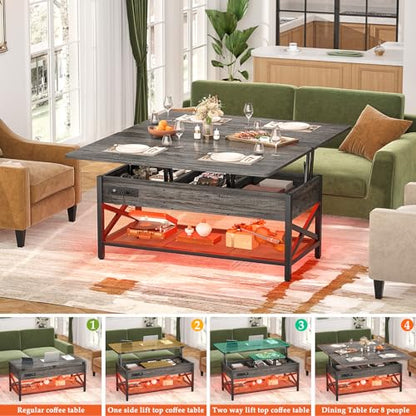 Aheaplus Coffee Table Lift Top Multi-Function Coffee Table Converts to Dining Table, with LED Light and Power Outlet, Center Table with Shelves for Living Room Reception Home Office, Black Oak - color: Black Oak